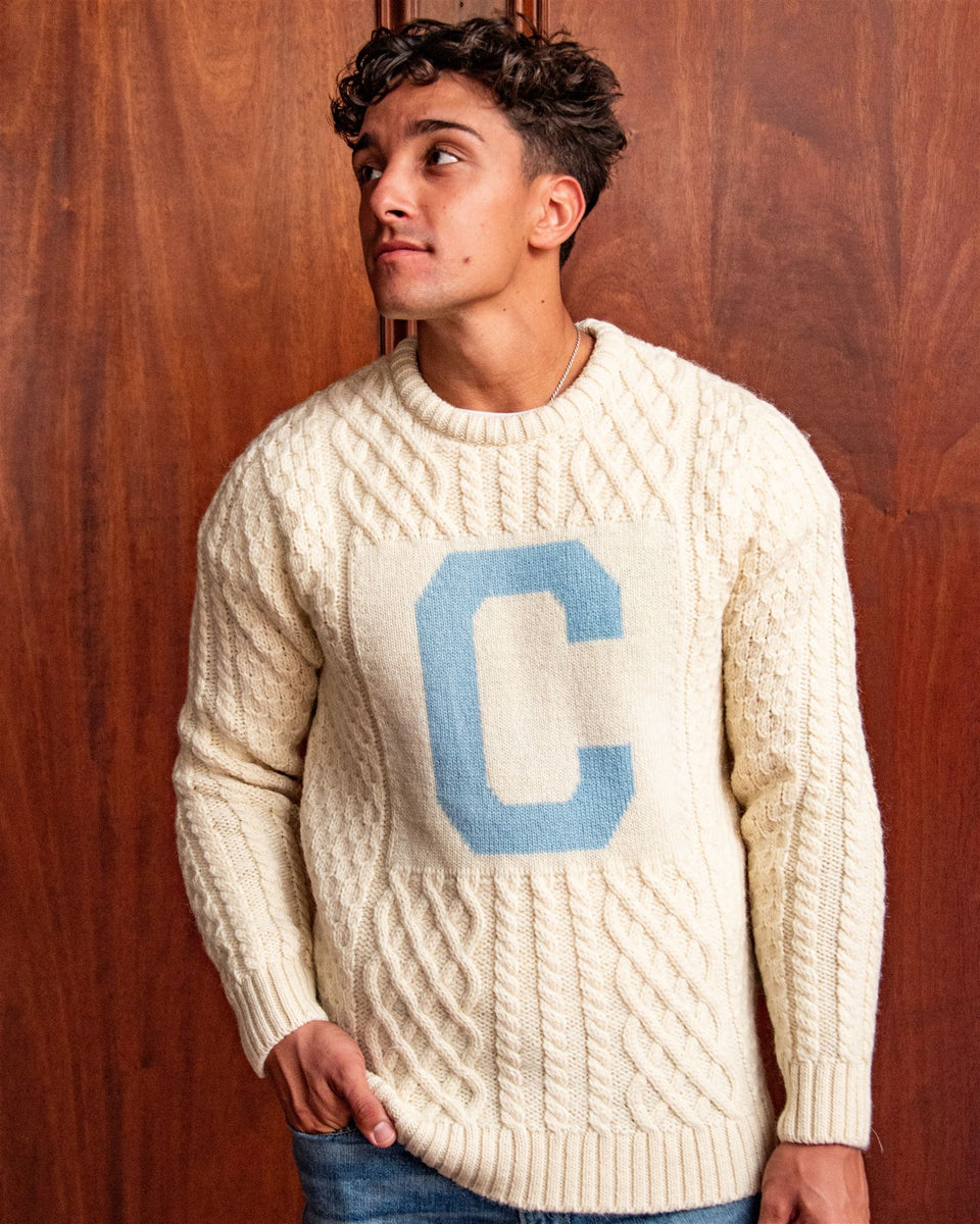 Columbia University Men’s British Wool Crew-Neck Fisherman’s Sweater