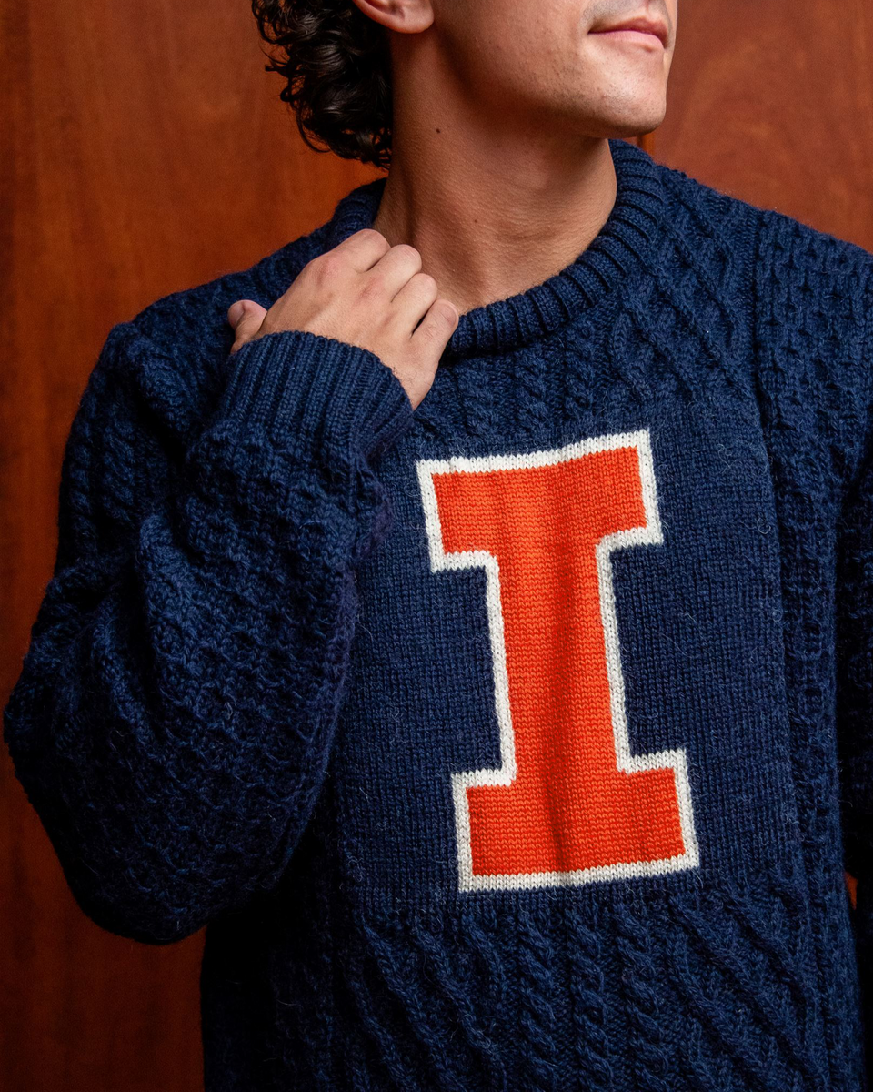 University of Illinois Men's Navy British Wool Crew-Neck Sweater - Main Image