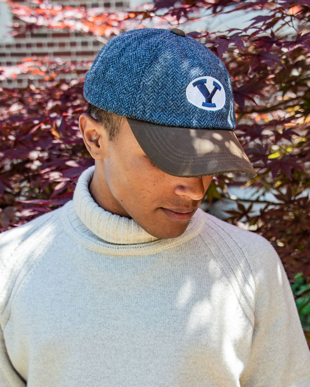 BYU Blue Herringbone Wool Baseball Cap with Leather Bill Collegiate Couture Collegiate Knitwear Designs