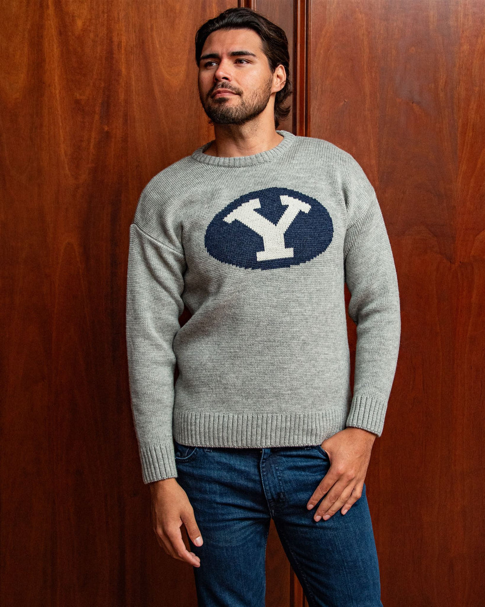 BYU Men s Merino Wool Crew Neck Sweater Collegiate Couture Collegiate Knitwear Designs
