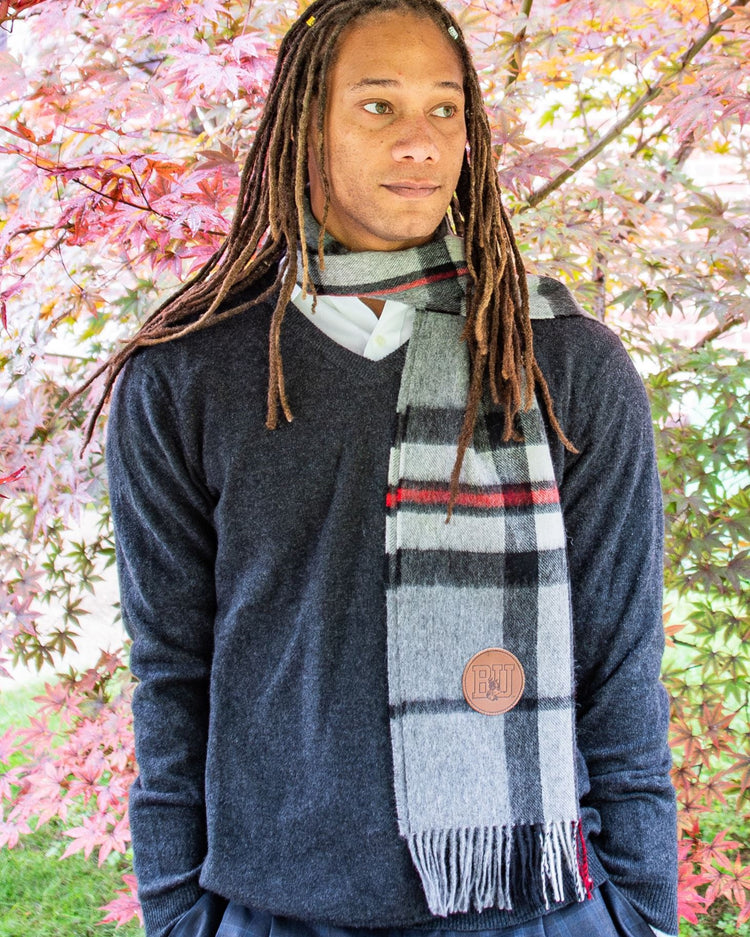 
                  
                    Boston University Scottish Wide Thomson Grey/Red Lambswool Scarf
                  
                