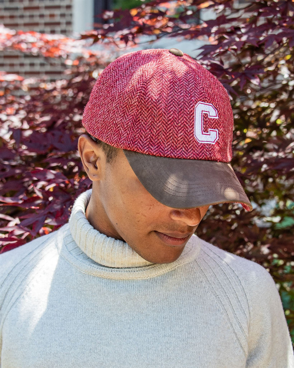 Cornell University Red Herringbone Wool Baseball Cap with Leather