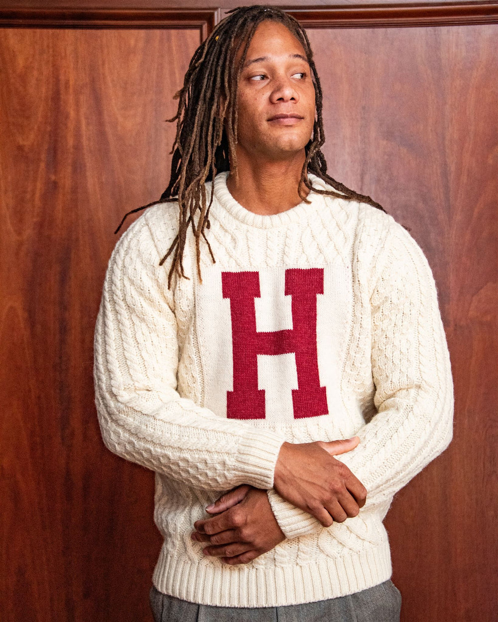 Harvard University Men s British Wool Crew Neck Sweater Collegiate Couture Collegiate Knitwear Designs