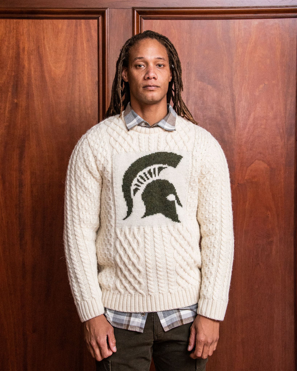 Mitchigan State University Men s British Wool Crew Neck Sweater Collegiate Couture Collegiate Knitwear Designs