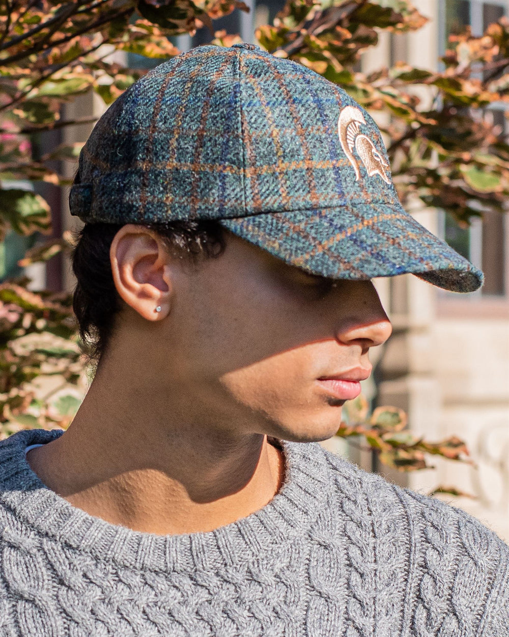 Michigan State University Men s Fitted Olive Grey Plaid Wool Baseball Cap Collegiate Couture Collegiate Knitwear Designs