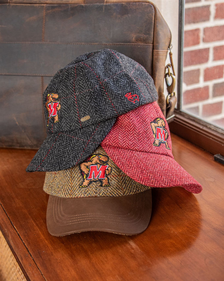 
                  
                    University of Maryland Olive Tweed with Red Overcheck Baseball Cap with Leather Bill
                  
                
