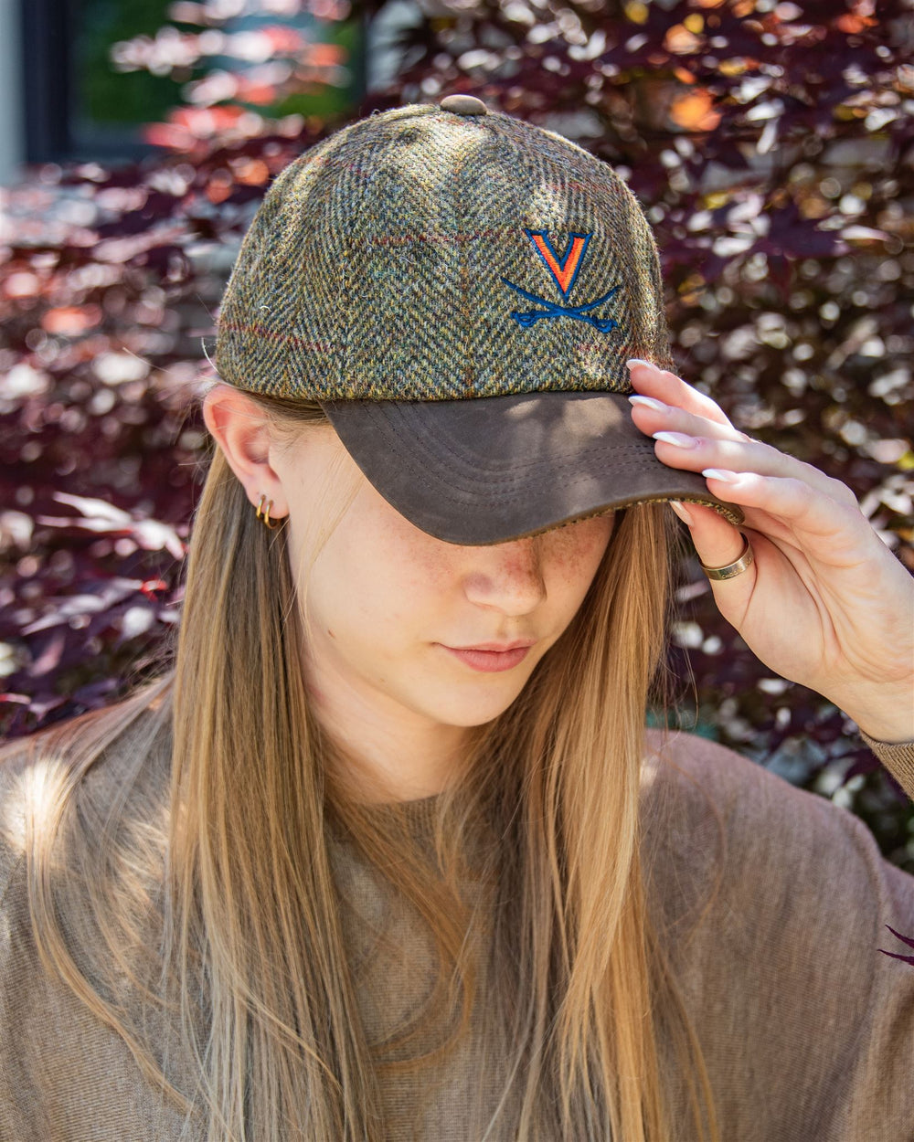 University of Virginia Olive Gold Harris Tweed Baseball Cap Collegiate Couture Collegiate Knitwear Designs